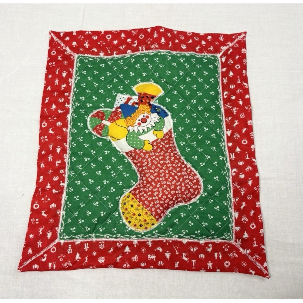 Vintage Handmade Quilted Christmas Wall Hanging Stocking with Clown Appliqué